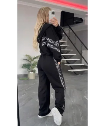Kadın Uzun Kollu Kapşonlu önü Fermuarlı Leopar Desenli Modal Bluz Ve Pantolon Ikili Takım