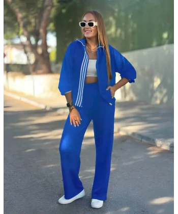 Kadın Uzun Kollu Kapşonlu önü Fermuarlı şerit Detay Viskon Iki Iplik Alt üst Ikili Takım