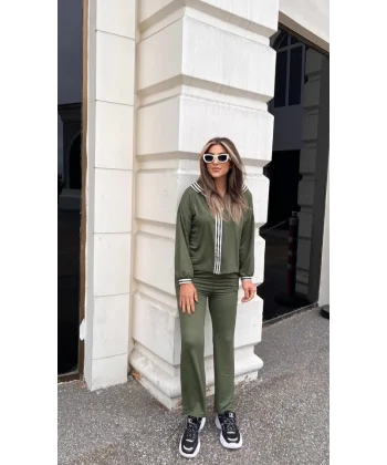 Kadın Uzun Kollu Kapşonlu önü Fermuarlı şerit Detay Viskon Iki Iplik Alt üst Ikili Takım