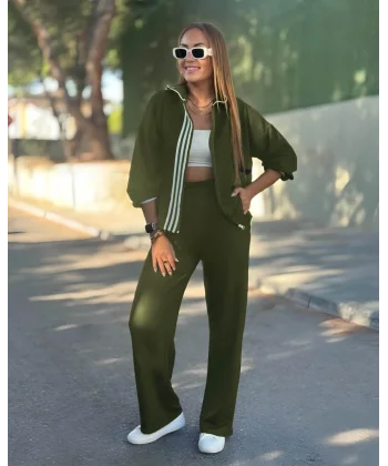 Kadın Uzun Kollu Kapşonlu Onu şerit Detaylı Fermuarlı Viskon Iki Iplik Bluz Ve Pantolon Ikili Takım