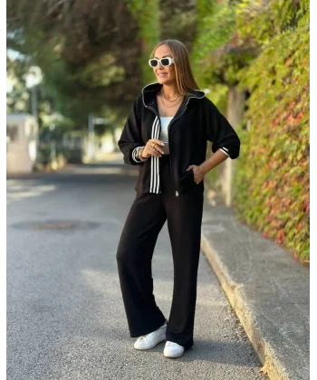 Kadın Uzun Kollu Kapşonlu Onu şerit Detaylı Fermuarlı Viskon Iki Iplik Bluz Ve Pantolon Ikili Takım