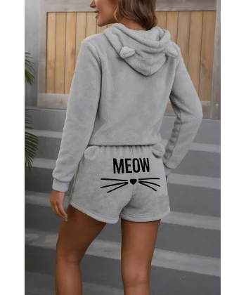 Kadın Uzun Kollu Kapşonlu Peluş Bluz Ve Kısa Short Ikili Takım