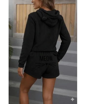 Kadın Uzun Kollu Kapşonlu Peluş Bluz Ve Kısa Short Ikili Takım