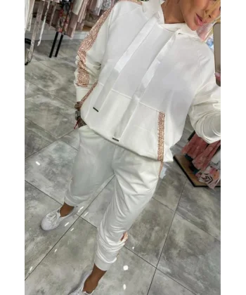 Kadın Uzun Kollu Kapşonlu Pulpayet Detay Viskon Iki Iplik Bluz Ve Pantolon Ikili Takım