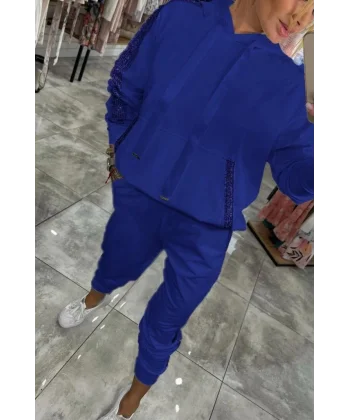 Kadın Uzun Kollu Kapşonlu Pulpayet Detay Viskon Iki Iplik Bluz Ve Pantolon Ikili Takım