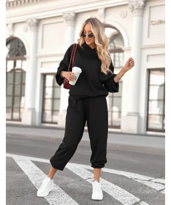 Kadın Uzun Kollu Kapşonlu Viskon Iki Iplik Bluz Ve Pantolon Ikili Takım