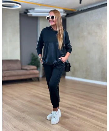 Kadın Uzun Kollu Kapşonlu Viskon Iki Iplik Bluz Ve Pantolon Ikili Takım