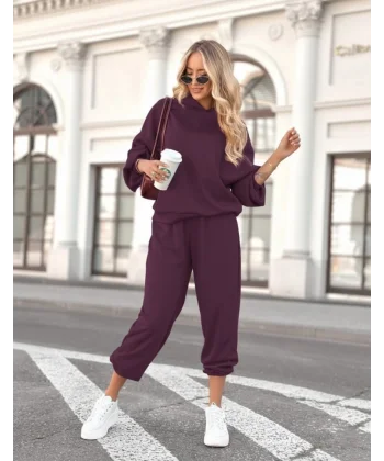 Kadın Uzun Kollu Kapşonlu Viskon Iki Iplik Bluz Ve Pantolon Ikili Takım