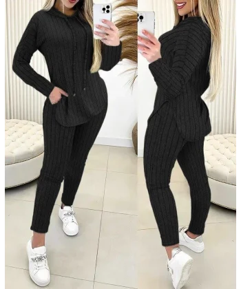 Kadın Uzun Kollu Kapşonlu Yakadan Bağcıklı Yandan Yırtmaçlı üst Bluz Alt Tayt şardonlu Kaşkorse Ikili Takım