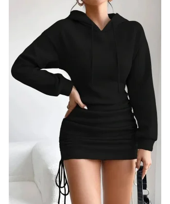 Kadın Uzun Kollu Kapşonlu Yandan Büzgülü Mini Viskon Iki Iplik Elbise