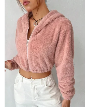 Kadın Uzun Kollu Kapüşon Detay Beli astikli Pelüş Hırka