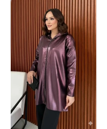 Kadın Uzun Kollu Kapüşon Detay Fermuarlı Tunik Hırka