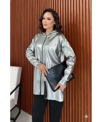 Kadın Uzun Kollu Kapüşon Detay Fermuarlı Tunik Hırka