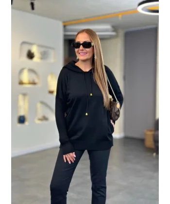 Kadın Uzun Kollu Kapüşon Detay Triko Tunik