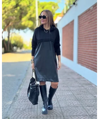 Kadın Uzun Kollu Kapüşon Ve Deri Detay Diz üstü Elbise