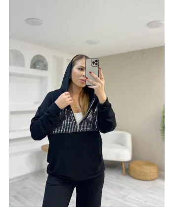 Kadın Uzun Kollu Kapüşon Ve Pul Payet Detay Ceket Ve Pantolon Ikili Takım