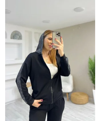 Kadın Uzun Kollu Kapüşon Ve Pul Payet Detay Ceket Ve Pantolon Ikili Takım