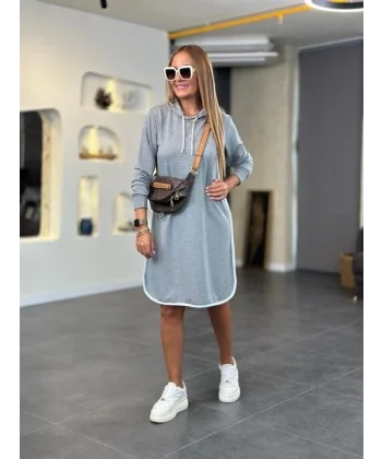 Kadın Uzun Kollu Kapüşon Ve Ribana Detay Diz üstü Elbise