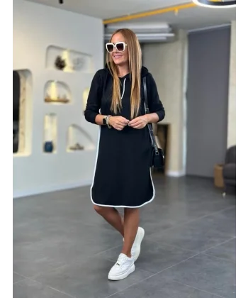 Kadın Uzun Kollu Kapüşon Ve Ribana Detay Diz üstü Elbise