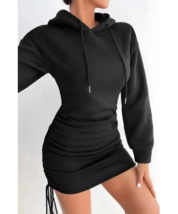 Kadın Uzun Kollu Kapüşon Ve Yandan Büzgü Detay Mini Elbise