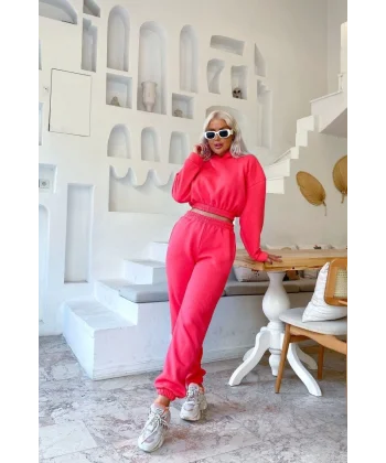 Kadın Uzun Kollu Kapüşonlu Beli astik Detay weat Ve Yüksek Bel Bileği astikli Pantolon üç üplik Kumaş Ikili Takım