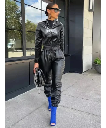 Kadın Uzun Kollu Kapüşonlu Ceket Bel Ve Paçası Lastikli Pantolon Ikili Deri Takım