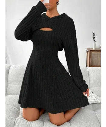 Kadın Uzun Kollu Kapüşonlu Ceket üst Ve Askısız Kare Yaka A Kesim şardonlu Kaşkorse Elbise