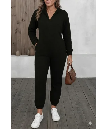 Kadın Uzun Kollu Kapüşonlu Tavşan Kulak Detaylı Peluş Tulum