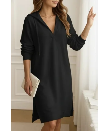 Kadın Uzun Kollu Kapüşonlu Yakası Açık Modal Elbise