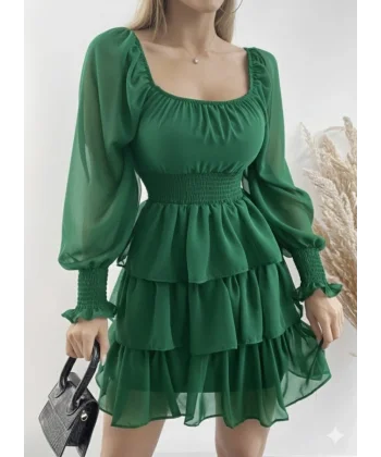 Kadın Uzun Kollu Kare Yaka Beli Lastikli Volanlı şifon Elbise