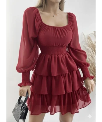 Kadın Uzun Kollu Kare Yaka Beli Lastikli Volanlı şifon Elbise