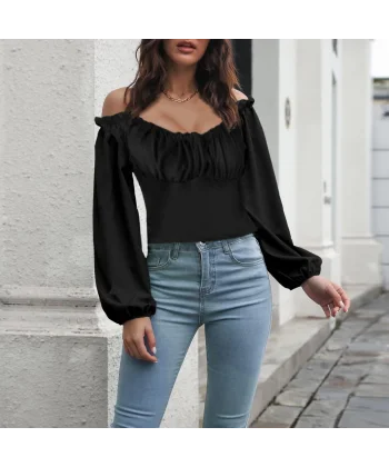 Kadın Uzun Kollu Kare Yaka Göğüs Büzgü Detay Sandy Bluz