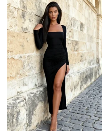 Kadın Uzun Kollu Kare Yaka Maxi Boy Yırtmaç Detay Sandy Kumaş Elbise