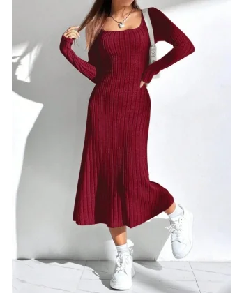 Kadın Uzun Kollu Kare Yaka Midi Kaşkorse Elbise