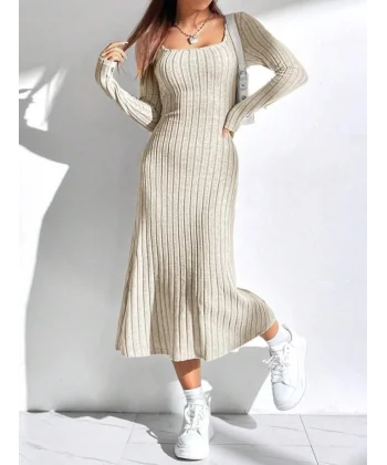 Kadın Uzun Kollu Kare Yaka Midi Kaşkorse Elbise