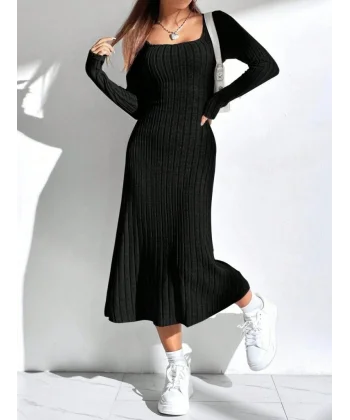 Kadın Uzun Kollu Kare Yaka Midi Kaşkorse Elbise