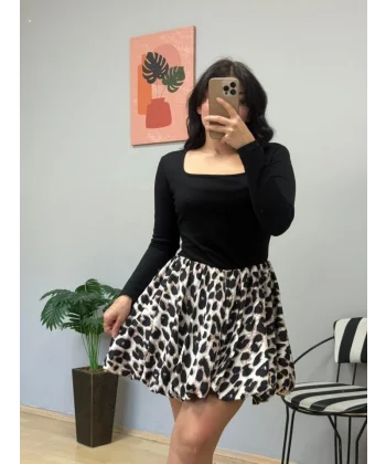 Kadın Uzun Kollu Kare Yaka Mini Balon Modal Elbise