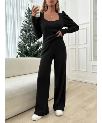 Kadın Uzun Kollu Kare Yaka Omuzları Balon Detay Bluz Ve Yüksek Bel Pantolon Ikili Takım