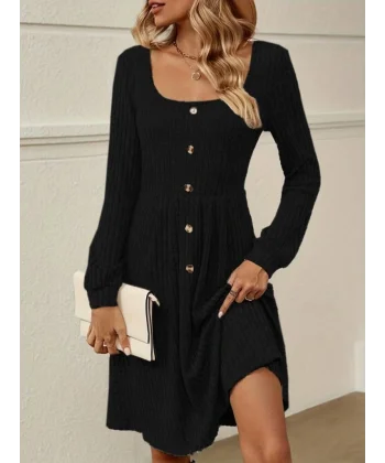 Kadın Uzun Kollu Kare Yaka önden Düğmeli Midi şardonlu Kaşkorse Elbise