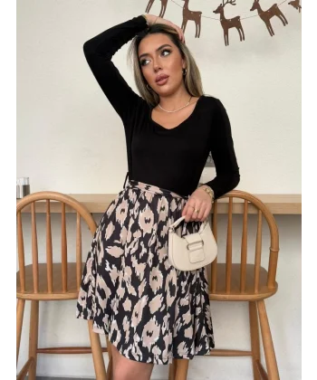 Kadın Uzun Kollu Kare Yaka Viskon Bluz Alt Süprem Baskılı Belden Kuşaklı Kısa Elbise