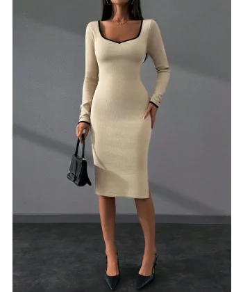 Kadın Uzun Kollu Kare Yaka Yanı Yırtmaç Detay idi Boy Elbise