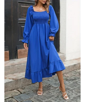 Kadın Uzun Kollu Kare Yakalı Gipeli Uzun Trikoton Elbise