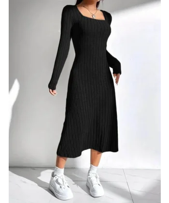 Kadın Uzun Kollu Kare Yakalı Midi şardonlu Kaşkorse Elbise