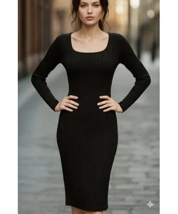 Kadın Uzun Kollu Kare Yakalı Midi şardonlu Kaşkorse Elbise