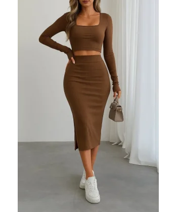 Kadın Uzun Kollu Kaşkorse Crop Ve Etek Takım