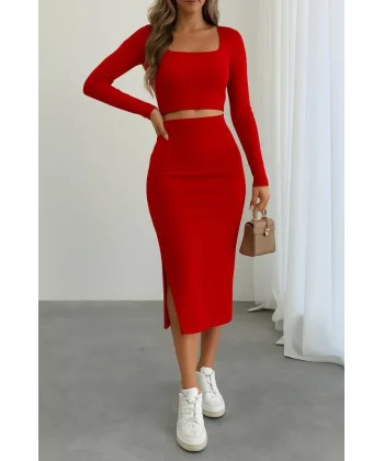 Kadın Uzun Kollu Kaşkorse Crop Ve Etek Takım