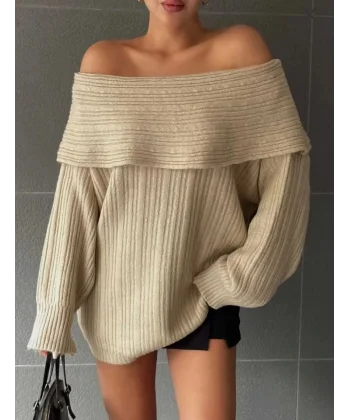 Kadın Uzun Kollu Katlama Detay Madonna Yaka Salaş Kazak