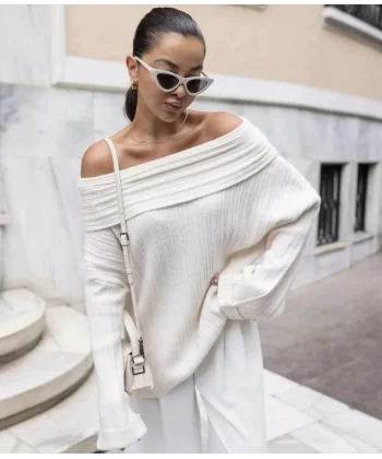 Kadın Uzun Kollu Katlama Detay Madonna Yaka Salaş Kazak