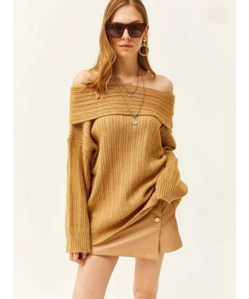 Kadın Uzun Kollu Katlama Detay Madonna Yaka Salaş Kazak