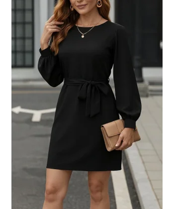 Kadın Uzun Kollu Kayık Yaka Belden Kuşaklı Kısa Ithal Krep Elbise